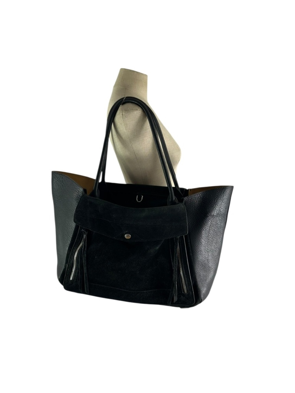 Genuine Rag & Bone Runner Black Suede Exterior Flap Pocket Top Handle Tote Bag